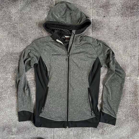 Women's Mammut Elwha Hooded Gray Black Light Grid Fleece Full Zip Up Jacket Sz S - Picture 1 of 4